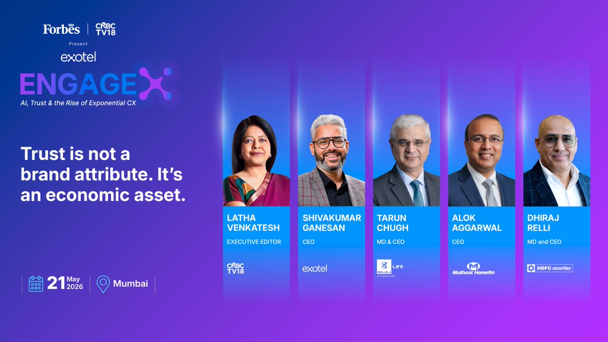 Exotel's tweet photo. For India's biggest financial institutions, trust isn't a nice-to-have.

A life insurance policy is a 20-year promise. A home loan is a family's biggest financial decision. A securities account holds someone's retirement. When AI enters these relationships — the stakes aren't just operational. They're existential.

Trust Is Not a Brand Attribute. It's an Economic Asset.

Moderated by Latha Venkatesh, Executive Editor, CNBC-TV18 — with four leaders who live this every day:

🔹 Tarun Chugh — MD & CEO, Bajaj Life

Leading one of India's fastest-growing private life insurers with 1.6 lakh agents, 595 branches and India's only 100% digital agency channel. When you're making a 20-year promise to millions of Indians, trust isn't a metric. It's the business model.

🔹 Alok Aggarwal — CEO, Muthoot Homefin (India) Limited

Building affordable housing finance for lower-income India, the customers who have the most to lose and the least room for error. When you're lending to someone's first home in a Tier 3 city, trust is earned in person, one family at a time. What happens when AI enters that relationship?

🔹 Dhiraj Relli — Co-Founder & CGO, HDFC securities

Led HDFC Securities from a branch-based broking model to a fully digital platform serving millions of investors, including first-time millennial investors navigating markets they've never been through before. Trust in financial services is built over decades. It can be lost in one bad interaction.

🔹 Shivakumar Ganesan — CEO, Exotel

Powering customer interactions for 4,500+ enterprises across India. His view: AI doesn't erode trust, the wrong deployment of AI does. The infrastructure you build determines the experience your customers feel.

21 May | Mumbai | Forbes India & CNBC-TV18 in association with Exotel 

Registrations open. 👉 https://t.co/C7Gld3XvZG

#EngageX2026 #CustomerExperience #CXLeaders #TrustInCX #Exotel #CNBCTV18 #ForbesIndia