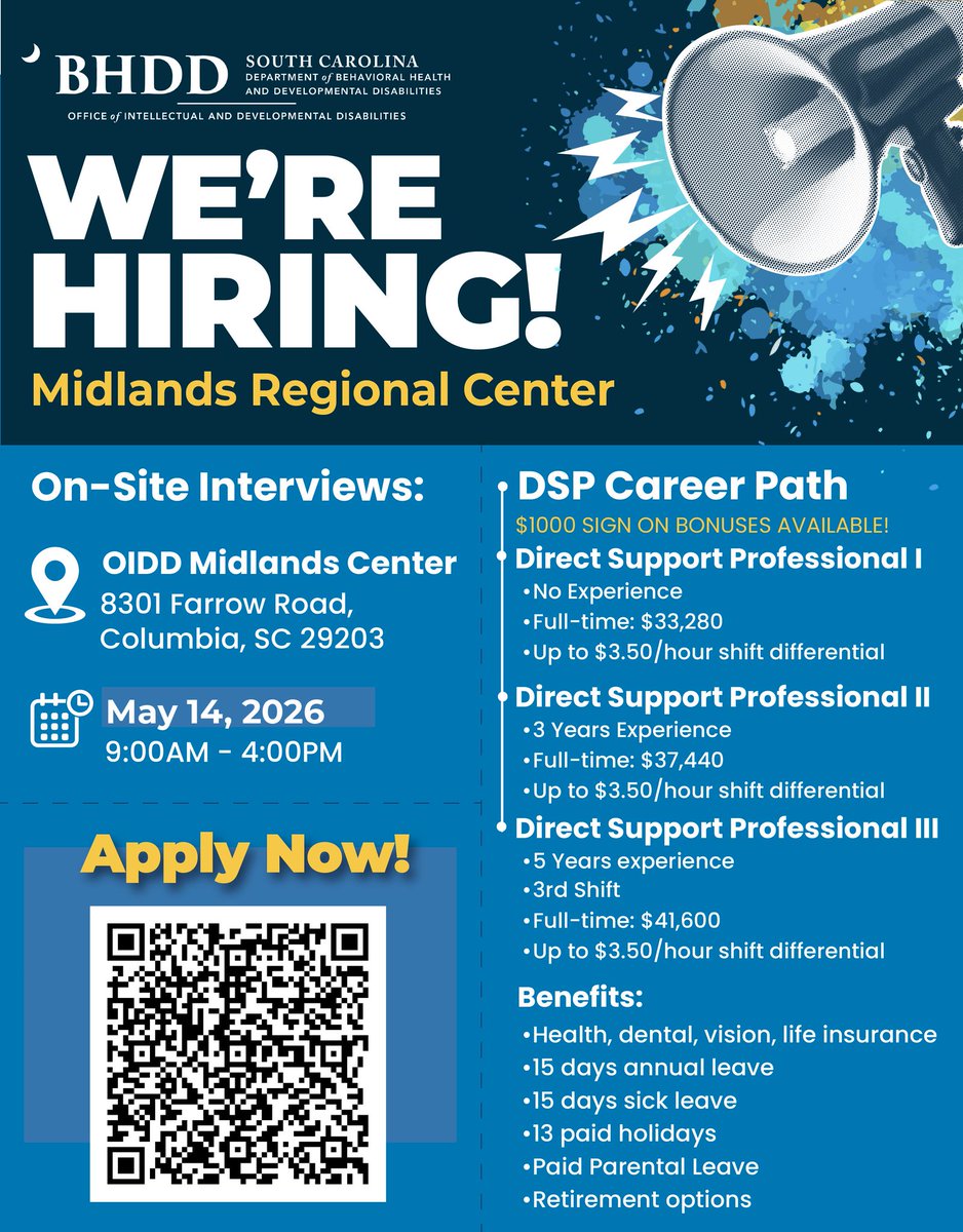 CareersSCGov's tweet photo. Today’s the day! @BHDDOIDD is hosting an on-site hiring event with interviews and same day job offers at Midlands Regional Center from 9 a.m.-4 p.m. All levels. We hope to see you there! View careers: https://t.co/4sws8NbuTh. #SCCareers #HiringEvent #DirectSupportProfessional https://t.co/xlczXwtnes