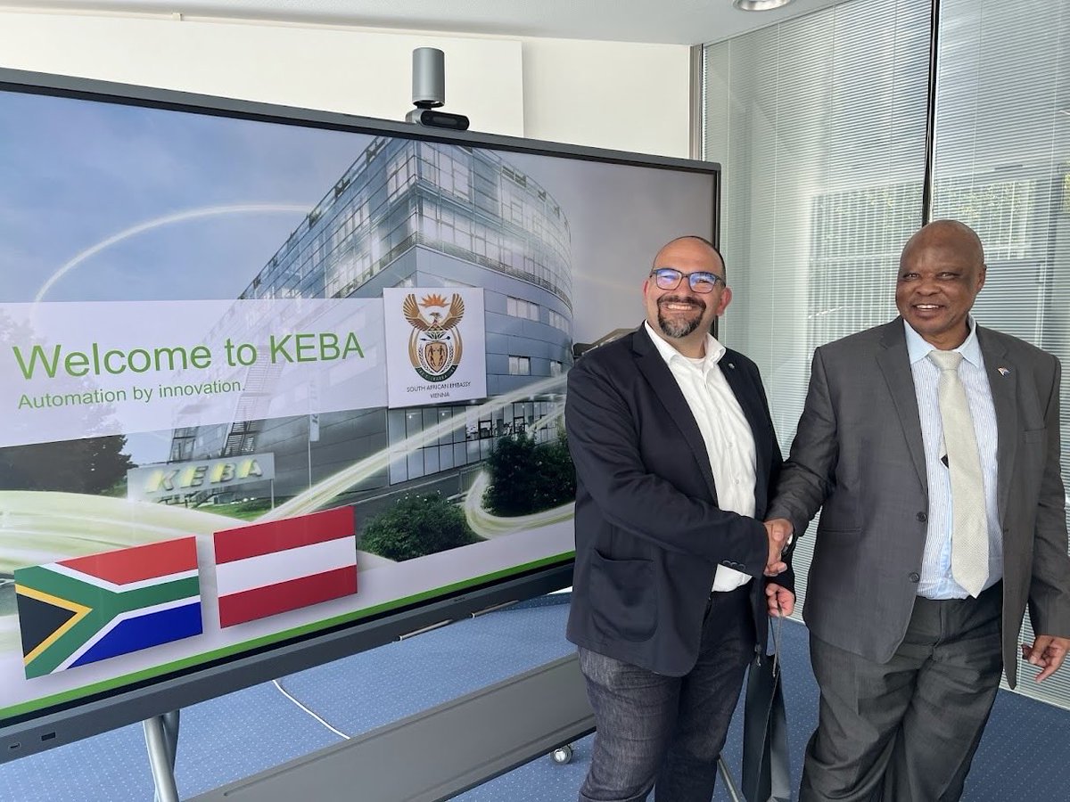 SAEmbAustria's tweet photo. Recently, Ambassador RS Molekane met with Hans‑Peter Kranewitter of KEBA Group AG to discuss opportunities for partnership in industrial automation, AI and e‑mobility as South Africa advances its industrial modernisation and technology-driven growth. https://t.co/zGGunMMinJ