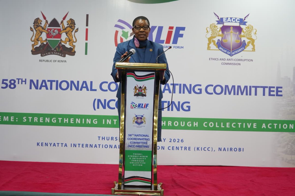 AGOfficeKenya's tweet photo. Today, the Attorney General Hon. Dorcas Oduor, EGH, presided over the 58th National Coordinating Committee (NCC) Meeting held at the KICC, where stakeholders from various sectors convened to deliberate on strengthening integrity systems, promoting accountability and enhancing the fight against corruption.

In her remarks, the Attorney General underscored the importance of collective responsibility, institutional collaboration and regional partnerships in advancing good governance and ethical leadership. She noted that Kenya continues to make significant strides in strengthening anti-corruption frameworks through coordinated reforms, policy implementation and enhanced accountability mechanisms.

She further highlighted the role of the Kenya Leadership Integrity Forum (KLIF) in fostering stakeholder engagement and promoting a unified national approach towards integrity, transparency and public trust. The Attorney General reiterated the Government’s commitment to sustaining reforms aimed at improving service delivery and reinforcing the country’s governance structures.

The meeting also provided an opportunity for engagement and knowledge exchange between Kenya and South Africa on best practices in combating corruption and strengthening institutional integrity systems.

Among those present were the Director General of the Presidency and Secretary of the Cabinet of the Republic of South Africa, Ms. Phindile Baleni; the Auditor General, Nancy Gathungu; Principal Secretary for @StateJusticeKE, Hon. Judith Pareno; EACC Chairperson and NCC Alternate Chairperson Dr. David Oginde; Executive Director of Transparency International Kenya Ms. Sheila Masinde; EACC Secretary/Chief Executive Officer Mr. Abdi A. Mohamud, EBS, MBS; EACC Commissioners, Chief Executive Officers and Heads of Institutions.