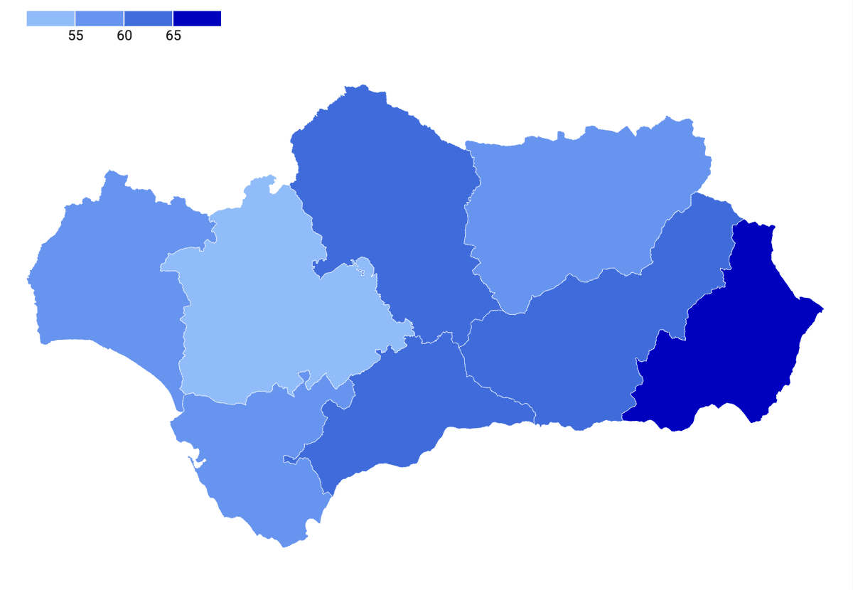 electodatos's tweet photo. 📌Proyección del porcentaje de voto a la 🔵Derecha en las 🗳️elecciones autonómicas de Andalucía con la media de encuestas:

🔵 =💧PP + 🥦VOX + 🐿️SALF

📍Almería: 🔵70%
📍Málaga: 🔵64%
📍Granada: 🔵61%
📍Córdoba: 🔵60%
📍Jaén: 🔵59%
📍Cádiz: 🔵57%
📍Huelva: 🔵57%
📍Sevilla: 🔵55% https://t.co/53ZijlriVC