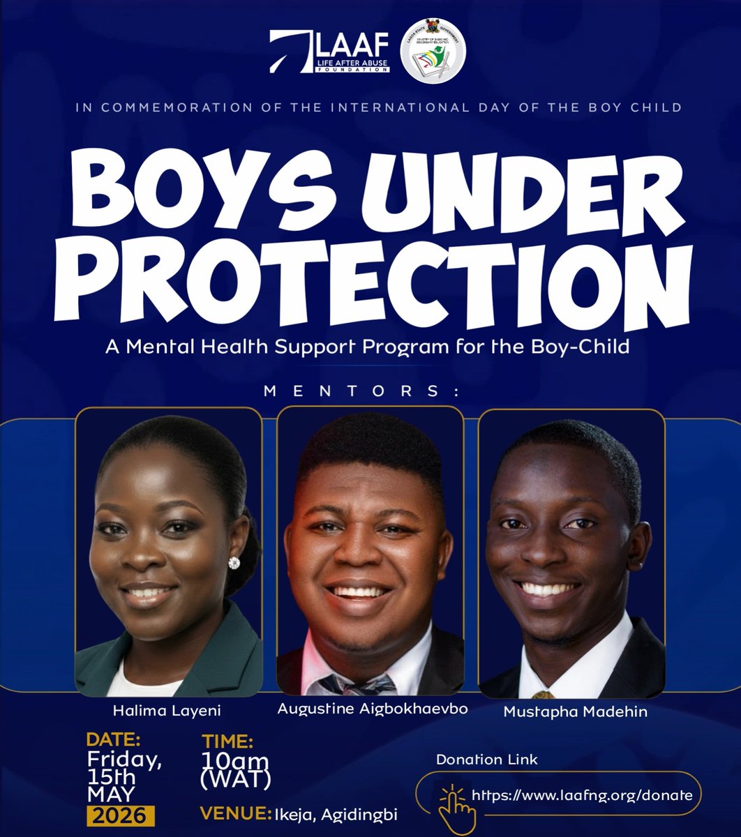 LifeAfterAbuseF's tweet photo. Boys are deserving of emotional support, and opportunities to grow into responsible men. A world where boys heal and thrive is a better world for all. We hope to give vulnerable boys hope, and a safe space to grow.

Date: Friday, 15th May, 2026

Support: https://t.co/Ix7WGFfAFu https://t.co/g7yUDm2WIk