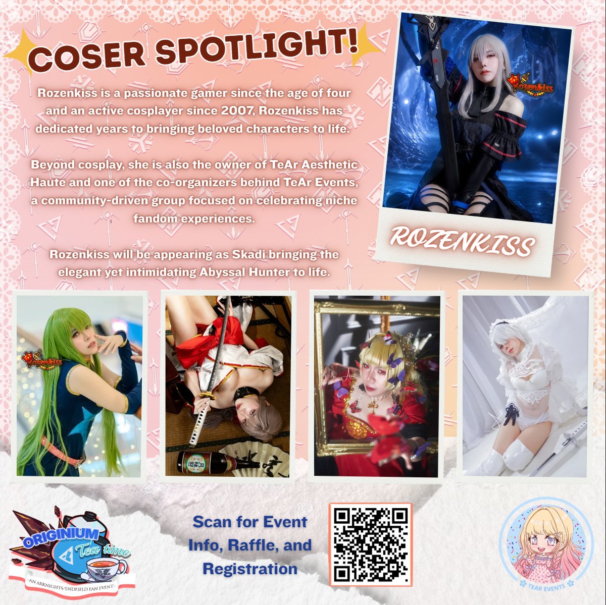TeArEventsPH's tweet photo. 💎Originium Tea Time!

👗Charming Coser Spotlight: @RozenKiss 

Catch her other Socials:
🔷: https://t.co/MLVeD0kd2s
🖼️: https://t.co/V286B4f59u
📺 https://t.co/rZmSHiPHzB
💜 https://t.co/d5S8ptxOFY

📷Scan the QR Code or Register here:
👉 https://t.co/DE8qOz9xiE https://t.co/qvovjyTX1f
