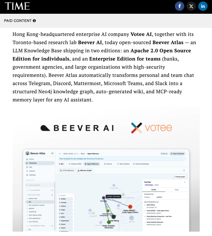 Beever_AI's tweet photo. 🚀 Beever Atlas is on @TIME. @AP. @SFGate. @NYDailyNews. @chicagotribune.

A few weeks since open-source release — 630+ outlets globally.

> From our CEO Pak-Sun Ting:
"Hong Kong has always been known for property and finance. Beever Atlas is proof that world-class AI infrastructure can emerge from an HK-headquartered company and be shared openly with the world."

> From our CTO Jacky Chan:
"Structure beats similarity — a typed graph of who works on what is more useful to an AI than vector search over a Slack archive."

> Open-source LLM Knowledge Base for team chat. Apache 2.0. Typed Neo4j knowledge graph. Native MCP server.

> Two editions: Open Source for individuals · Enterprise for banks, government, large orgs.

Built by Hong Kong + Toronto.
⭐ https://t.co/61A5VbpXln