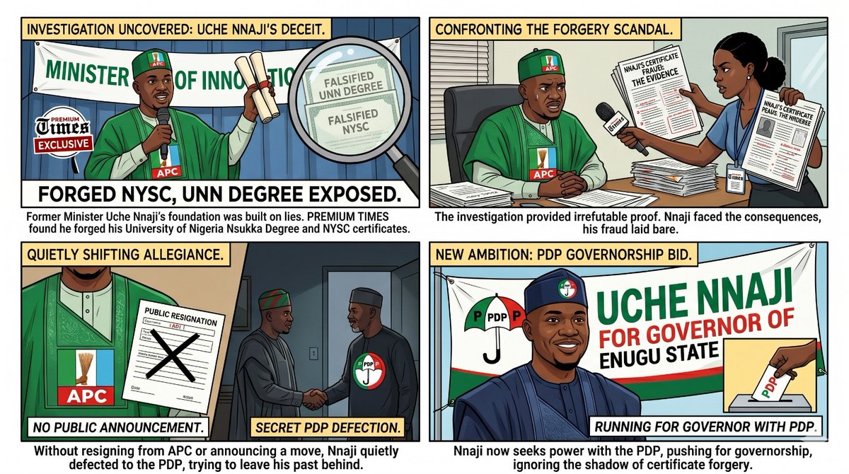 PremiumTimesng's tweet photo. Quiet defection or running from the truth?

From a certificate forgery scandal as Minister to a quiet jump into the PDP for an Enugu State governorship bid. Uche Nnaji is moving pieces on the board, but the investigation remains.

#EnuguState #UcheNnaji #PoliticsNG #PremiumTimes #PDP #APC
