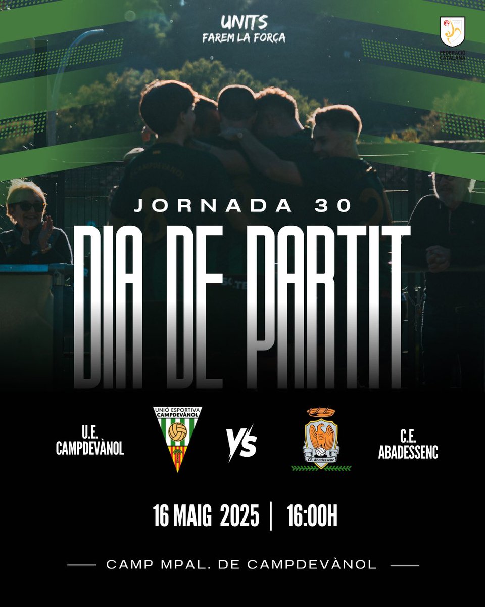 1uecampdevanol's tweet photo. PRÒXIM PARTIT 🔜

🆚 @abadessenc 
📅 16 de maig 
⏰ 16:00h
🏟️ Camp mpal. de Campdevànol
🏆 Jornada 30

💚🤍 Units farem la força! 💚🤍

#ForçaKande #orgullverdiblanc https://t.co/TqavZNbXDx