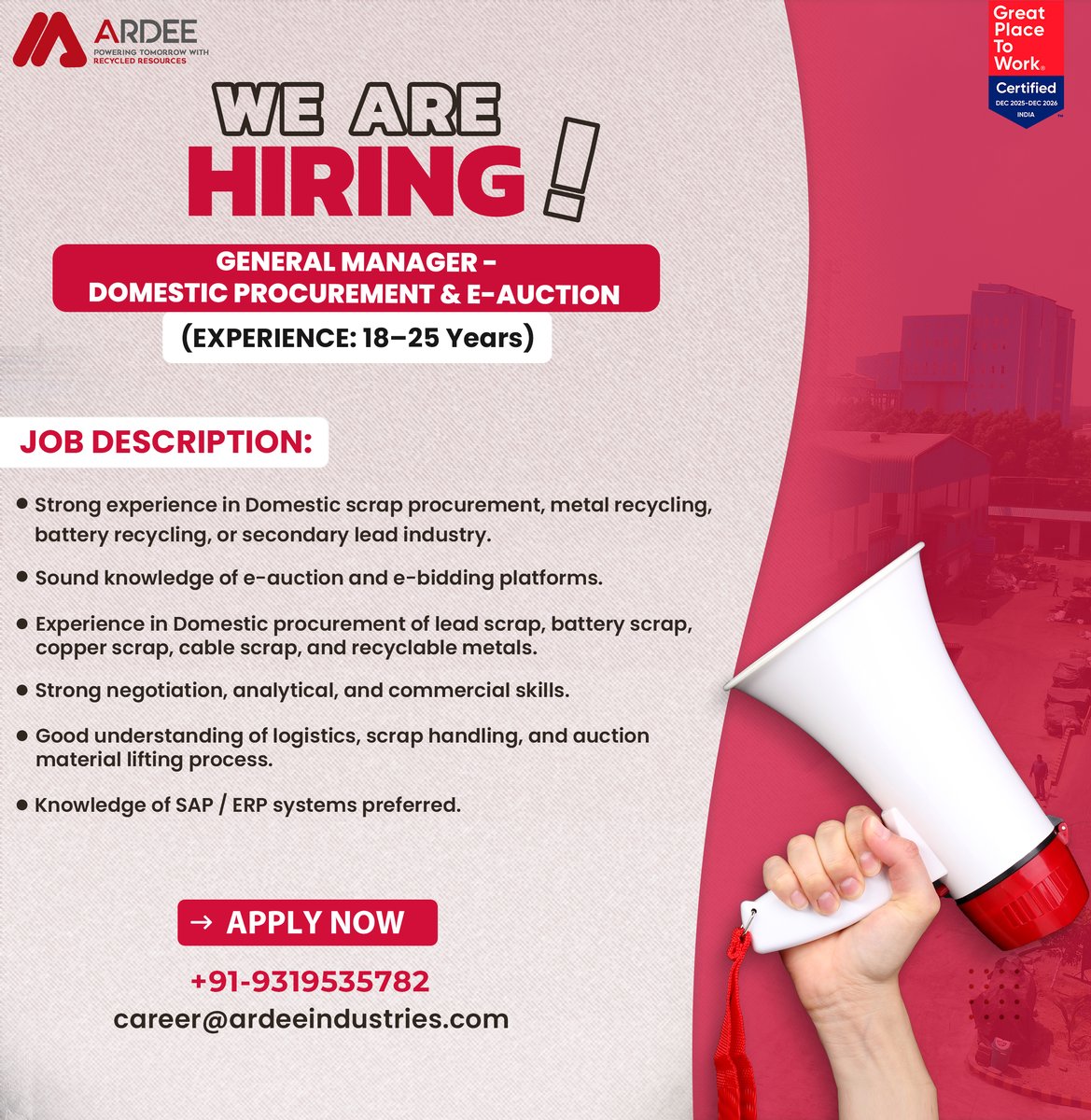 Ardeeltd's tweet photo. 📢 We’re Hiring: GM – Domestic Procurement &amp; E-Auction

📍 Corporate Office | 🎯 18–25 Years

Expertise in Domestic scrap procurement, e-auctions, metal recycling &amp; commercial operations preferred.

📞 +91-9319535782
✉️ career@ardeeindustries.com

#WeAreHiring #Procurement https://t.co/D3nh0Ys0t6