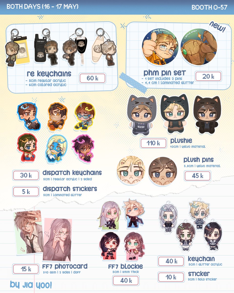 jia__yoo's tweet photo. (rts &amp; 💛 are appreciated!)
Jia’s #CF22 OTS Catalogue 🌱 

★ Table O-57 (Jellato)
★ Both days (16 - 17 May)
★  OC, TSHD, ALNST, TGSWIIWAGAA, Link Click, TBHX, Resident evil, FF7, Dispatch, JJK

See you guys this weekend! 

#cf22catalogue #comifuro22 https://t.co/KQPh8fqzMG