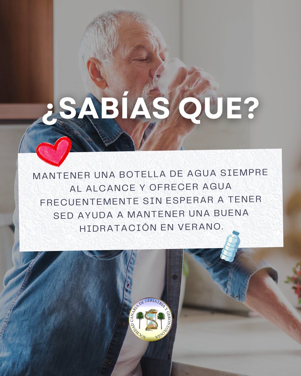 SoCanGer's tweet photo. 💧 En verano, mantener una buena hidratación en las personas mayores es fundamental. 

🥤 Tener siempre una botella de agua al alcance y ofrecer líquidos con frecuencia, sin esperar a que aparezca la sed, puede ayudar a prevenir deshidrataciones y golpes de calor.

#SOCANGER https://t.co/0HCiq2G3Eb