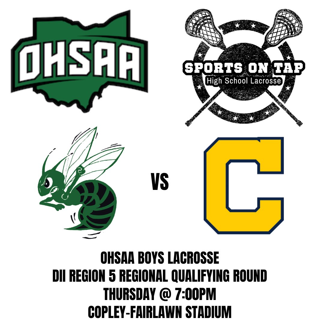 SOTPodcast's tweet photo. SOT Featured Boys Lacrosse Game 
OHSAA DII Region 5 Regional Qualifying Round
#7 Highland Hornets 
vs 
# 3 Copley Indians 
Face-Off 7:00pm
@Lax_Highland @jbaileyHLSAD @CopleyHSSports @CopleyBoysLax @LaxTheLand @CLELaxNews_216 @OhioBoysLax https://t.co/mNTcHM86Yb