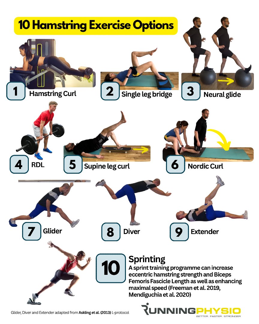tomgoom's tweet photo. 🔟 Hamstring exercise options.

Each should be adapted to meet individual needs, especially sprinting which needs a gradual introduction at the right stage of recovery 🏃🏽‍♀️ https://t.co/z2NpFvRs2s