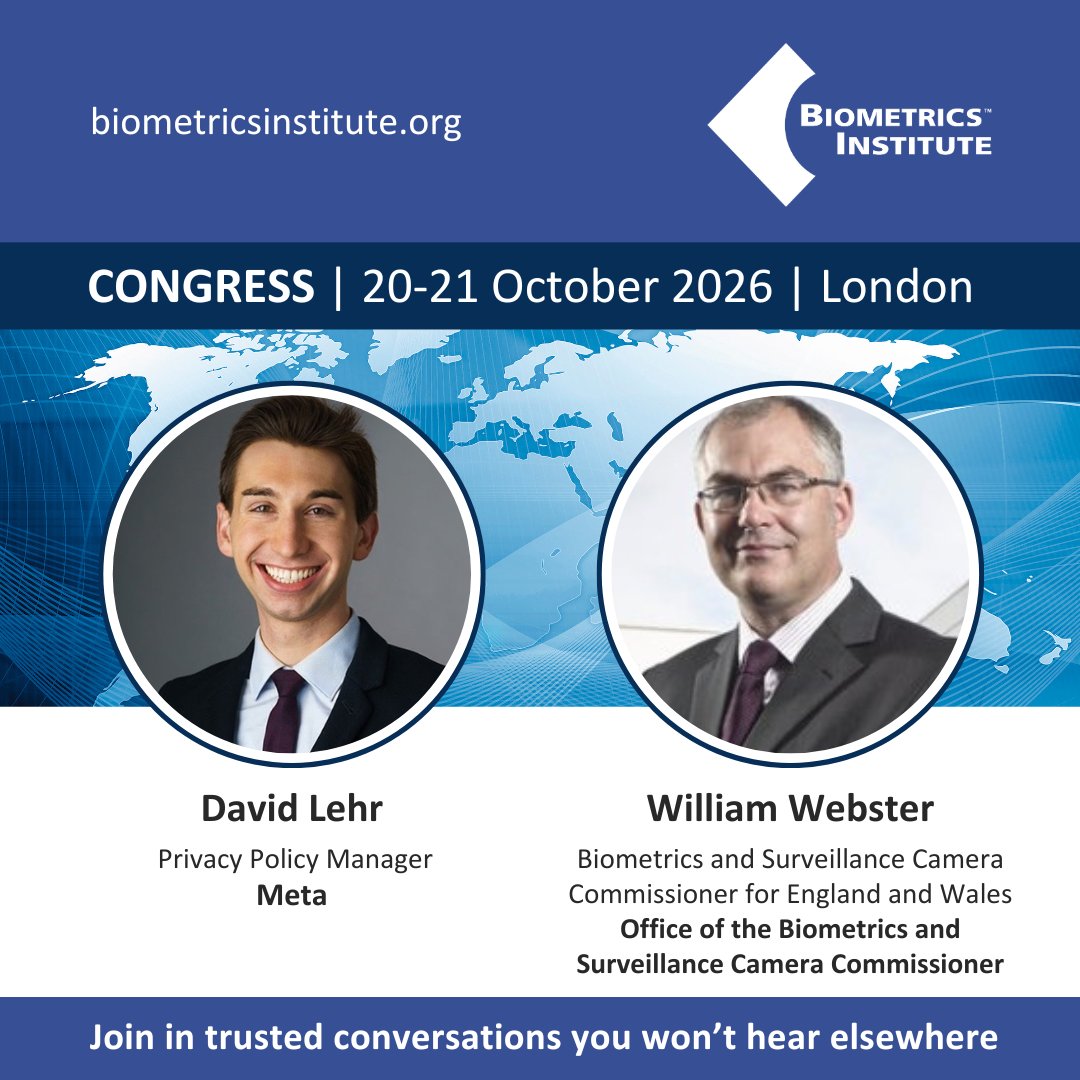 BiometricsInst's tweet photo. This year’s Biometrics Institute Congress, 20-21 October 2026, plus side events 19-22 October, marks a defining milestone for the Biometrics Institute community as we celebrate 25 years of championing the responsible use of biometrics together.

🎟️ Register to join us at https://t.co/yMKzVzgFZa

This journey has unfolded alongside some of the most pivotal moments in modern history – from the profound impact of 9/11, to the arrival of TouchID bringing biometrics to the consumer market, and the rapid digital transformation accelerated by the COVID 19 pandemic. As biometrics has enabled greater security and convenience, it has also faced challenges around privacy and vulnerabilities.

At our 2026 Congress in London, “The History of the Future of Biometrics” invites you to:

🔹 Reflect on how far we’ve come and celebrate our shared achievement
🔹 Shape the next era of digital identity in a trusted, off-the-record environment
🔹 Network with global leaders, policymakers, and innovators in conversations you won’t hear anywhere else

An outstanding line-up of speakers is already confirmed, including:

• David Lehr – Privacy Policy Manager, @Meta 
• William Webster – Biometrics and Surveillance Camera Commissioner for England and Wales, @IndepOBSCC 

We’ve been at the heart of the industry's most pivotal moments. Now, it’s time to look ahead at https://t.co/yMKzVzgFZa

📢 Call for speakers
Opportunities to take to the stage are now open. If you are interested in sharing your expertise, message us, or connect via our website.

#Biometrics #DigitalIdentity #Privacy #Innovation #ResponsibleTech #ResponsibleBiometrics #BICongress