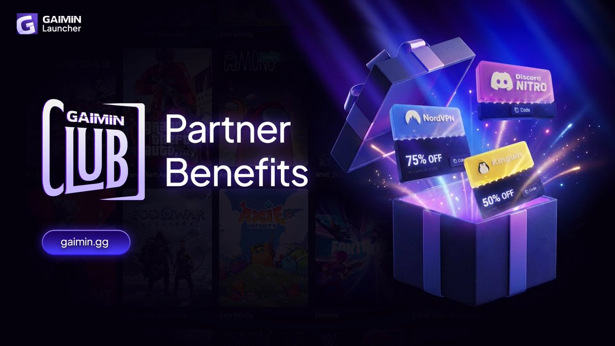 GAIMIN's tweet photo. Your GAIMIN Club membership is not just about community and GMRX rewards. 

It's about so much more, including access to partner deals that most gamers pay full price for every month.

Here is what we already confirmed (with more on the way):

🎮 Discord Nitro — Exclusive member rate 

🔒 NordVPN — Up to 75% off. Protect your connection, reduce ping, game without throttling. 

🎯 Kinguin — Discount coupons on game keys. Priority access to new releases. 

⚔️ Tradeit — Exclusive coupon code on CS2 skin trading. 

⚡ GearUp — Reduce lag and ping on any game. 

🖱️ Logitech — Exclusive member access 

🎧 SteelSeries — Exclusive member access 

🛒 AliExpress — Exclusive member deals

More partners being confirmed.

=> See everything you get when you join GAIMIN Club, link posted in the Discord: https://t.co/OxwopYFA75

(Join the Discord waitlist to see everything you get when you join, view the AMA, and be first in line to grab a limited Founding Member slot.)