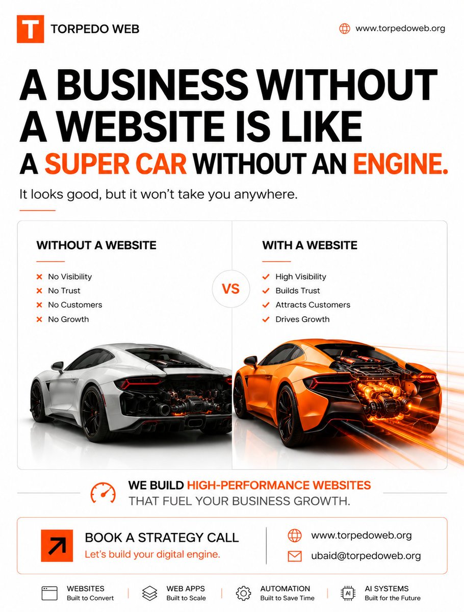 TorpedoWebOrg's tweet photo. A business without a website is like a supercar without an engine.
Looks great. Goes nowhere.
We build websites engineered for growth, conversion, and scale.

Book a strategy call: https://t.co/frWSIx8kdW https://t.co/v8HBVj2xCM