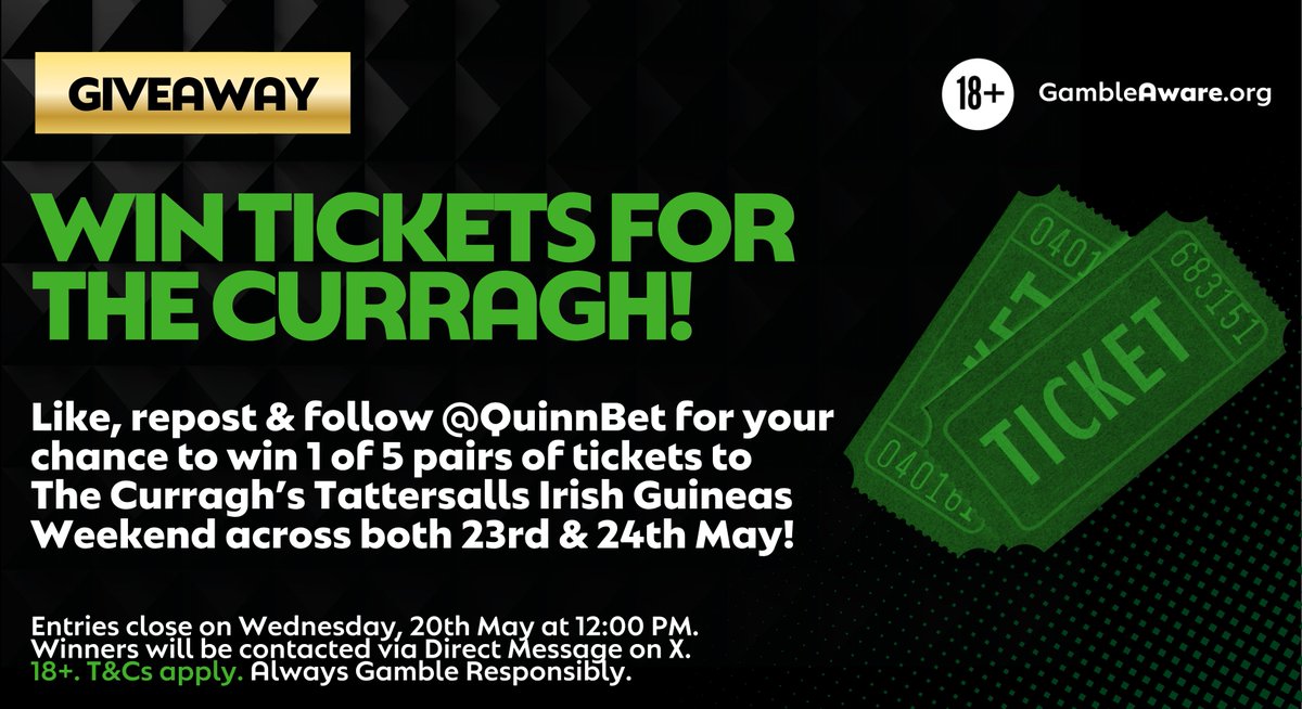 quinnbet's tweet photo. GIVEAWAY!📢

Fancy going to The Curragh?🏇

We’re giving away 5 pairs of weekend tickets for the Tattersalls Irish Guineas Weekend on 23rd &amp; 24th May!

Enjoy two days of fantastic racing at one of Ireland’s biggest race weekends!

To Enter: 
✅ Like
🔁 Repost
➡️ Follow @QuinnBet https://t.co/eBtB57OUww