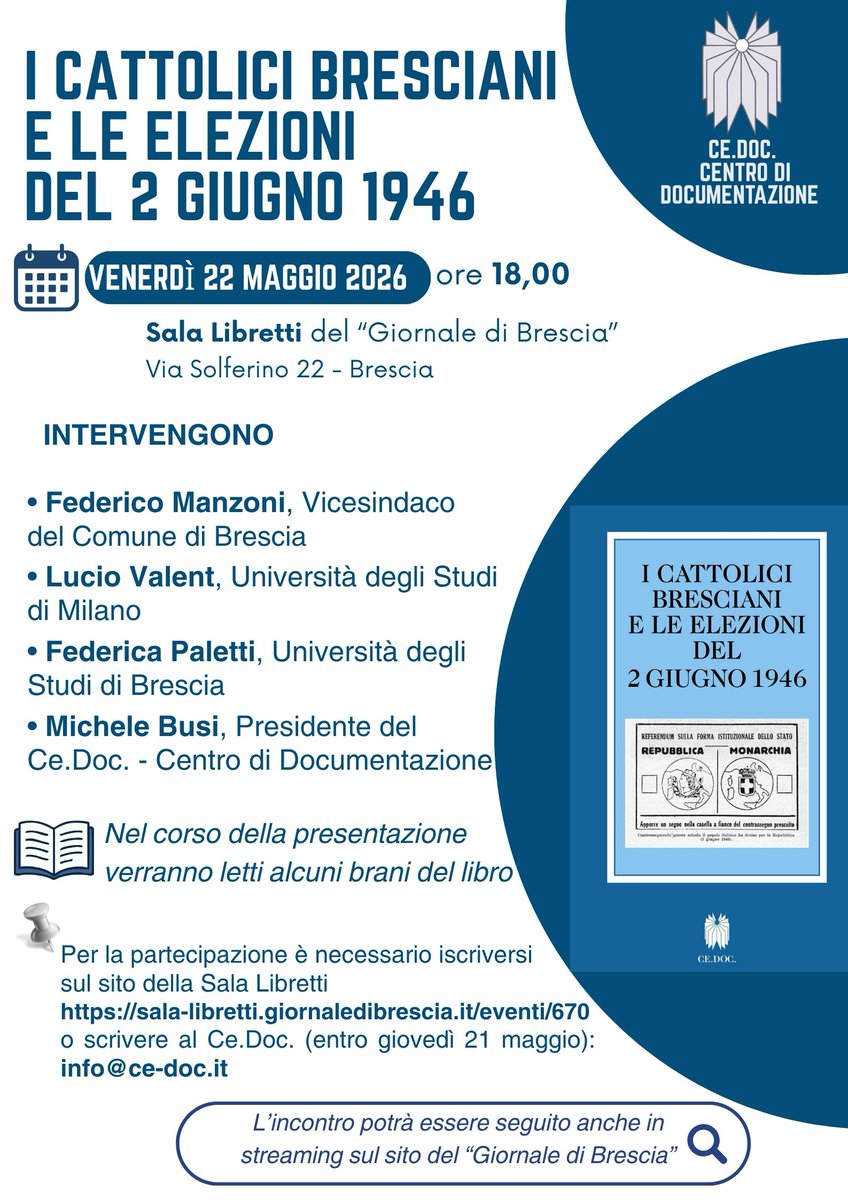 centro_ce's tweet photo. Il 2 giugno 1946 segna una data fondamentale nella storia del nostro paese. Il @centro_ce con questa pubblicazione offre il proprio contributo alle celebrazioni per gli 80 anni della repubblica, documentando l’atteggiamento del mondo cattolico bresciano in quei mesi. #2giugno https://t.co/ycqwcVfVkC
