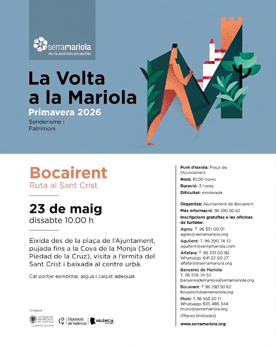 AssSerraMariola's tweet photo. 🎒VOLTA A LA MARIOLA PRIMAVERA🌸: #BOCAIRENT

📅 Dissabte 23 de maig • 10.00 h • Ruta al Sant Crist
⏳ Duració: 3 hores
📈 Dificultat: mitjana
✍ Inscripcions: bocairent@serramariola.org o 962 905 062
✳ Cal portar, esmorzar, aigua i calçat adequat

#VoltaAlaMariola #senderisme https://t.co/ox7LKoBMHV