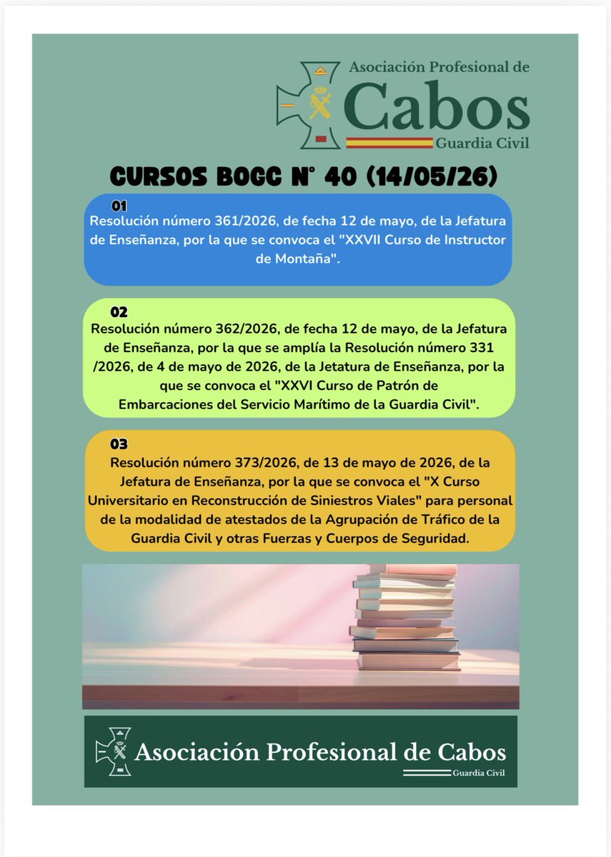 apcabos's tweet photo. 🚨@apcabos INFORMA🚨

📢 ¡Nueva convocatoria de cursos de en la @guardiacivil ! 👮‍♂️🏔️🚤
Se publican en el BOGC nº 40 (14/05/26):

🔹 XXVII Curso de Instructor de Montaña.
🔹 Ampliación del XXVI Curso de Patrón de Embarcaciones (Servicio Marítimo).
🔹 X Curso Univ. en Reconstrucción de Siniestros Viales.

#PoryParaLosCabos