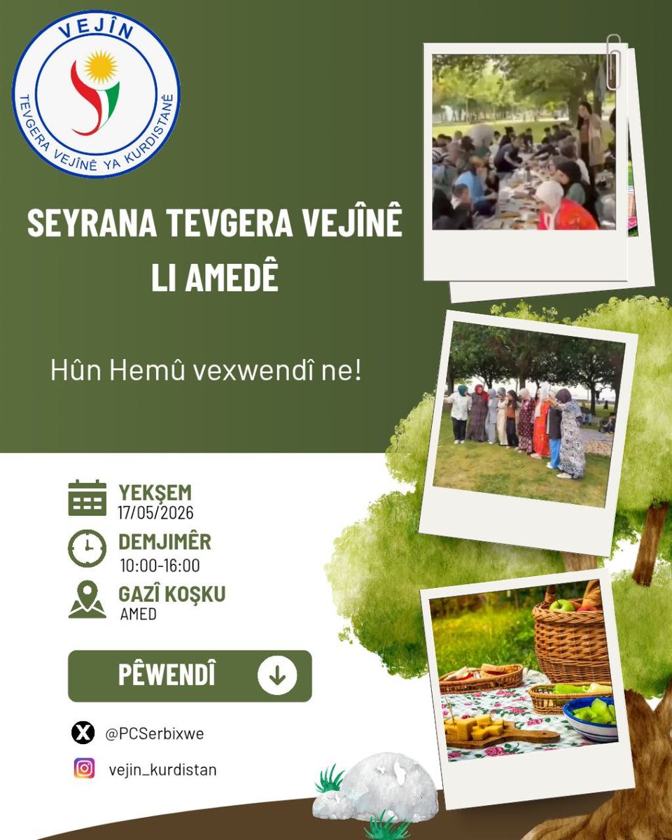 PCSturkce's tweet photo. 📢Vejin Hareketi Amed'de piknik düzenliyor!

🔴Hepiniz davetlisiniz!

📌Not: Gelmek isterseniz bir mesaj gönderin. https://t.co/4vX5HZ7fj5
