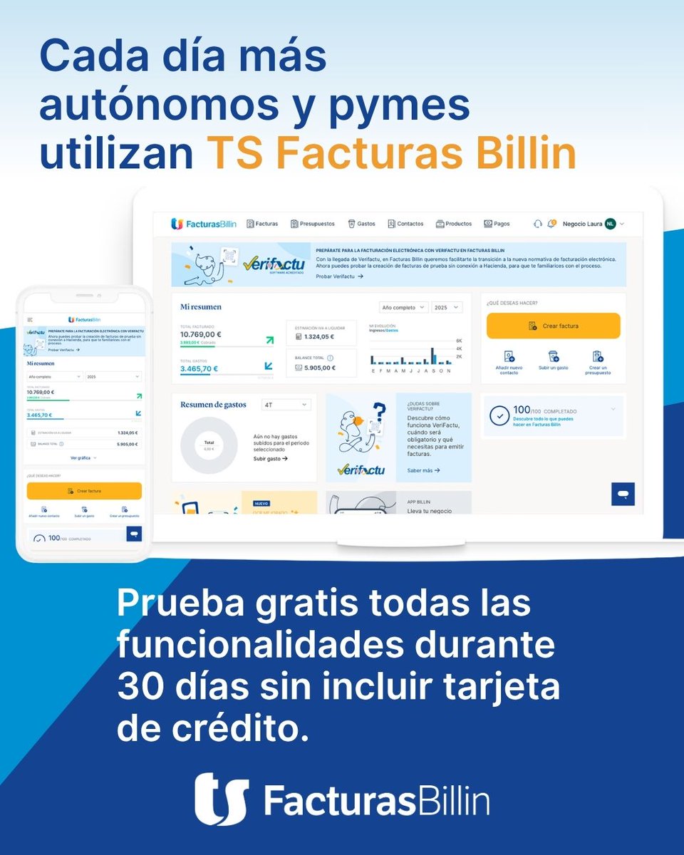Billin_ES's tweet photo. 🌟 Factura, cobra, respira y simplifica tu día a día para que te centres en lo que de verdad importa: hacer crecer tu negocio.

📱 Con TS Facturas Billin, gestiona tu facturación estés donde estés. Pruébanos 30 días gratis aquí: https://t.co/kq3szcg47G https://t.co/hAEBwcjRpM
