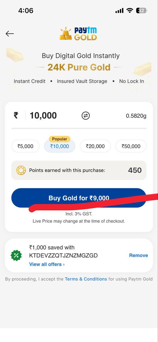 workpartygrow's tweet photo. New scam from paytm
They say you will get gold worth rs 1000 and when you want to redeem you need to buy rs 9000 gold then you will get 1000. Wtf scammers deleting #paytm now 

@Paytm @Paytmcare #paytmcare https://t.co/UdlF4GNJWI