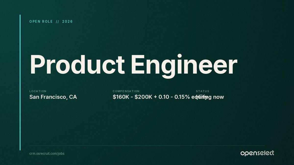 OSrecruit's tweet photo. New Job: Product Engineer - $160K - $200K + 0.10 - 0.15% equity. Apply: https://t.co/dz86Qy3lV3 https://t.co/dVwRKLoYvv