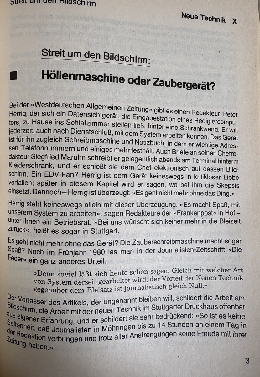 heinz_alt's tweet photo. Als der Computer in Redaktionen Einzug hielt entspann sich der Streit um den Bildschirm. "Höllenmaschine oder Zauberwerk?" Das war 1983. Aus dem Nachschlagwerk von Werner Meyer und Jürgen Frohner aus dem Verlag R.S. Schulz. #NeueTechnik #Bleisatz #Journalismus https://t.co/ElH8ilC0eP