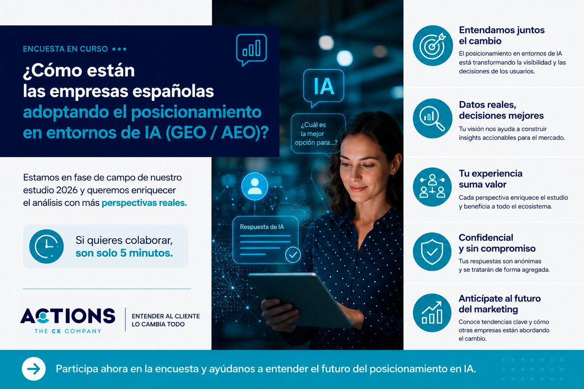ACTIONS_theCXco's tweet photo. En ACTIONS estamos analizando cómo las empresas españolas están adoptando el posicionamiento en entornos de IA (GEO / AEO) y queremos contar con más perspectivas del mercado.
https://t.co/qJut3qmhpO

📝 Participa en nuestra encuesta: https://t.co/PrcNMQnvut https://t.co/RL2b4HIezL
