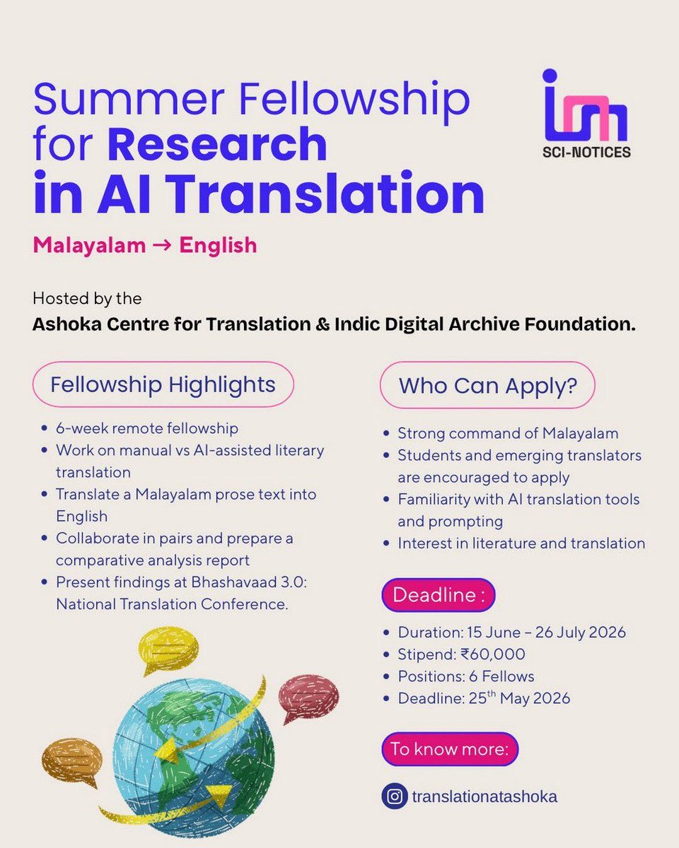 unchartedsci's tweet photo. Are you someone working on #AI translation in #malayalam ? This Summer Fellowship might be right up your alley. #sciencenotices #sciencejobs #scienceinindia https://t.co/7yzLH47Sr9