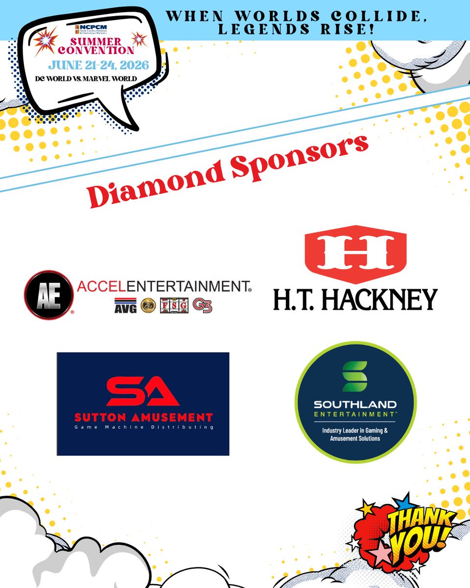 NCPCM's tweet photo. 💎 Thank you to our 2026 NCPCM Summer Convention Diamond Sponsors!
⚡ Accel Entertainment
⚡ H.T. Hackney
⚡ Sutton Amusement
⚡ Southland Entertainment
Thank you for helping make “When Worlds Collide, Legends Rise!” possible! 🦸‍♂️🦸‍♀️
#NCPCM2026 #DiamondSponsors #NCPCM https://t.co/37aLEKTohT