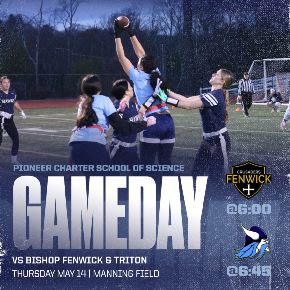 PioneerCSS's tweet photo. Come support the Girls Flag Football tonight at Manning Field! First game vs Bishop Fenwick at 6:00PM and Triton at 6:45PM! https://t.co/JlapzC4URi