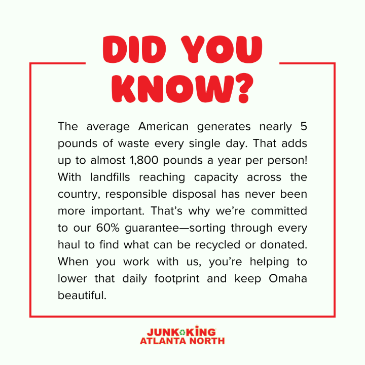 AtlantaJunk's tweet photo. 😲 1,800 lbs of waste per person each year ♻️

We help reduce that 💪🌎
Our 60% guarantee = more recycling &amp; donations 🪵🛋️

Book your haul today 🚛📅
#GoGreen #WasteReduction #Sustainability https://t.co/8KYiJj5RAA