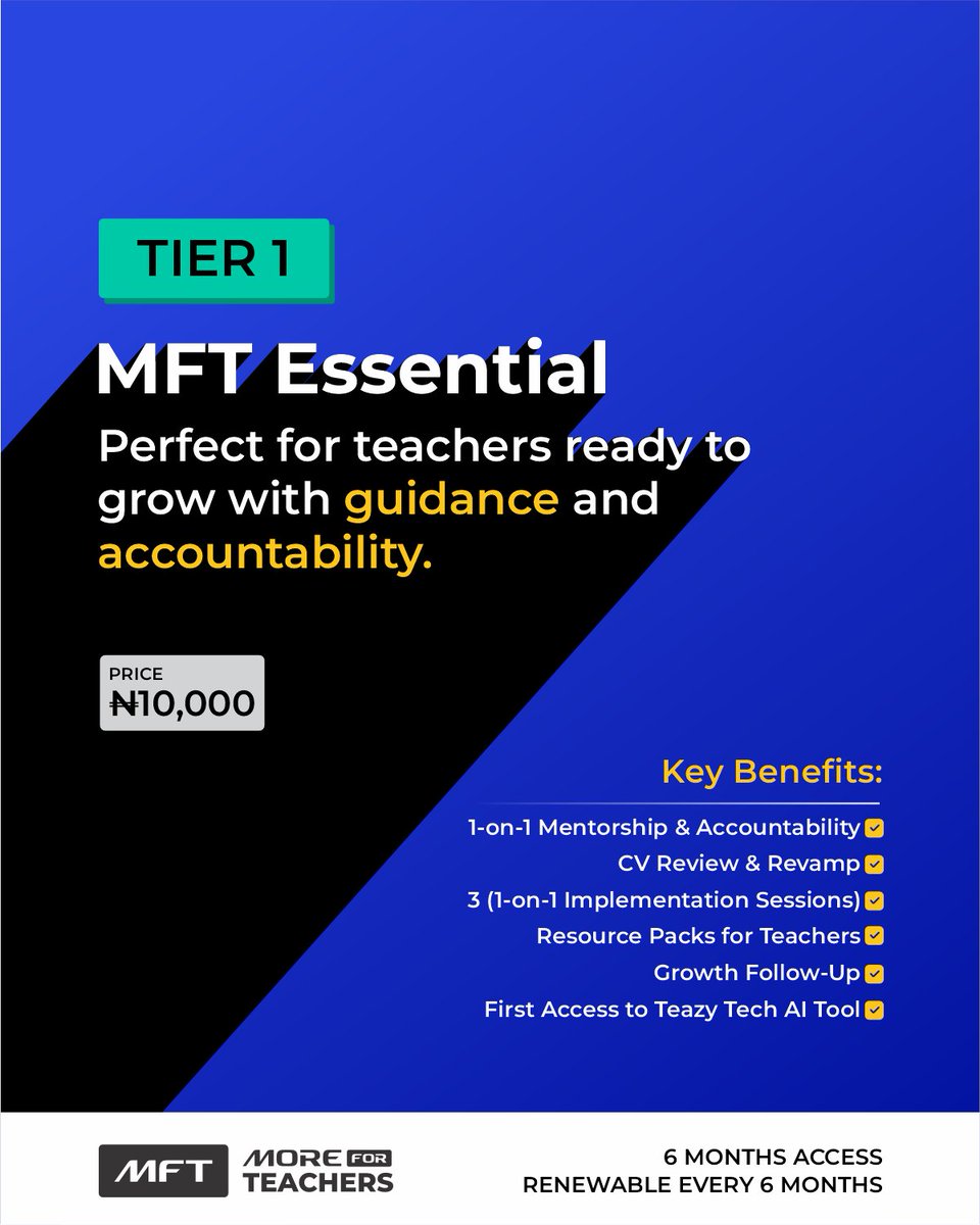 Teazy_Tech's tweet photo. Here’s a detailed breakdown of what’s waiting for you inside the More For Teachers Community ✨ 

Both packages are designed to help you grow personally and professionally as a teacher. 

Limited slots are available for the first cohort. Send us a DM to secure your spot now https://t.co/kvTMMlKTAX