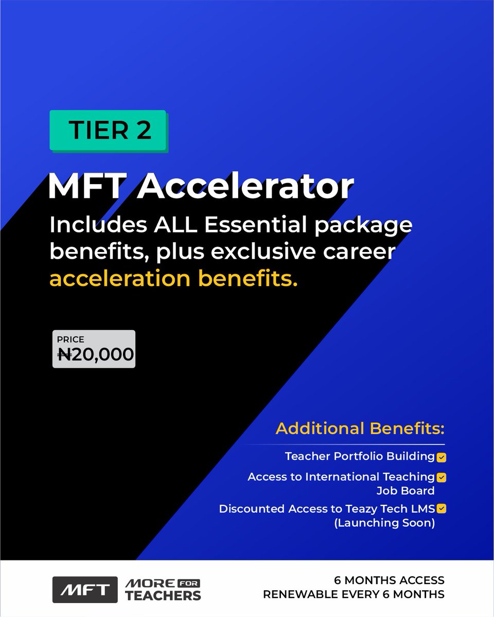 Teazy_Tech's tweet photo. Here’s a detailed breakdown of what’s waiting for you inside the More For Teachers Community ✨ 

Both packages are designed to help you grow personally and professionally as a teacher. 

Limited slots are available for the first cohort. Send us a DM to secure your spot now https://t.co/kvTMMlKTAX