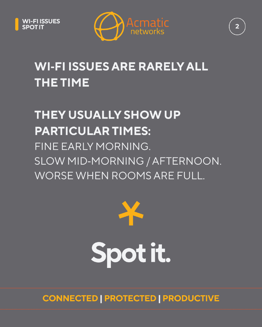 AcmaticNetworks's tweet photo. Struggling with Wi-Fi slowdown when everyone logs on? It’s likely congestion. Spread users, use wired connections, or opt for cloud-managed networking for consistent performance. Boost efficiency and productivity. #Connected #Productive https://t.co/qDEaCuO3qO
