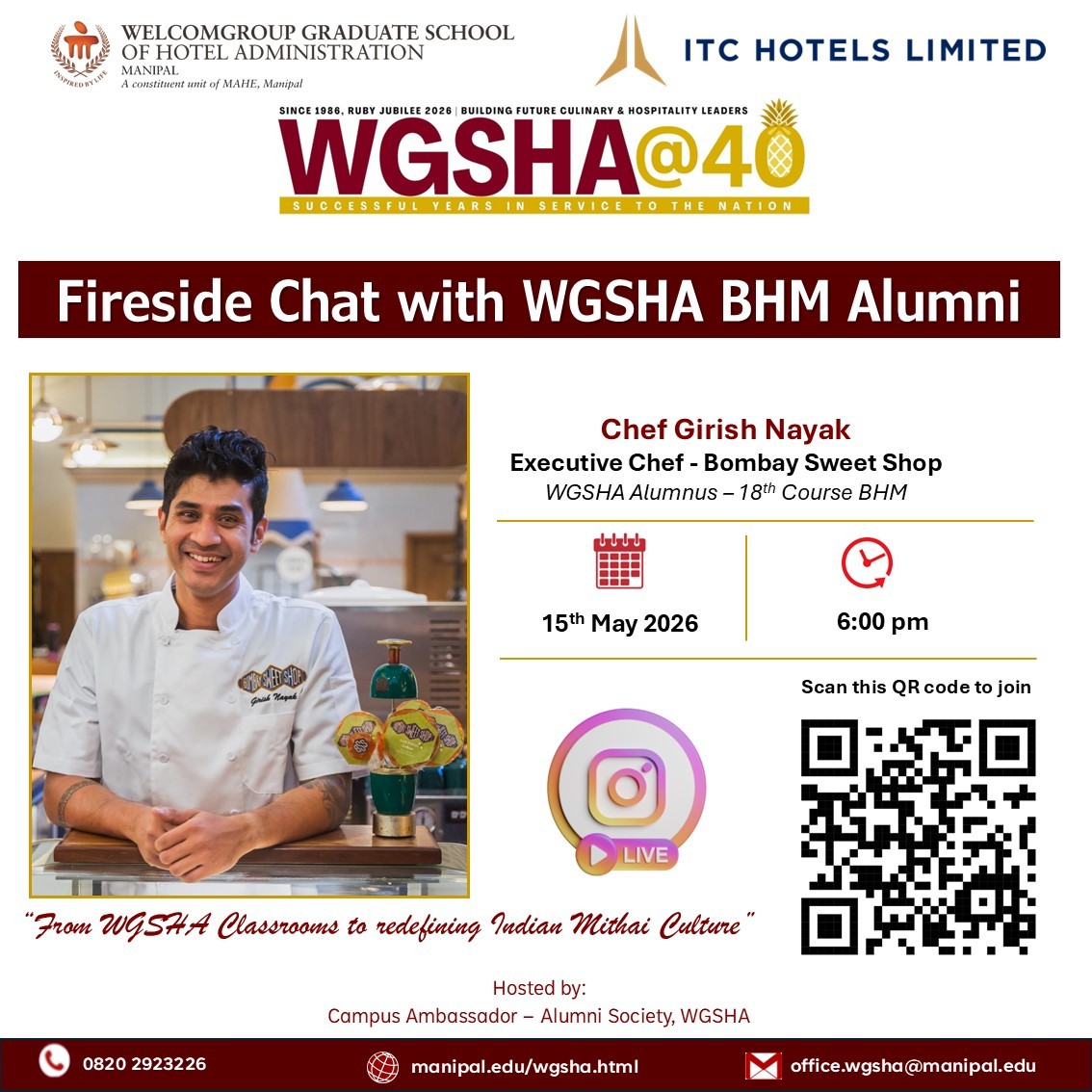 WManipal's tweet photo. Join the fireside Chat with our alumnus Chef Girish Nayak. Save the date!
#wgshalum #wgsha #mahe #manipal https://t.co/zBdfpLVyNM