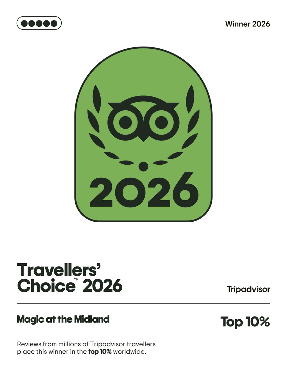 StevePriceMagic's tweet photo. We're delighted that "Magic at the Midland" has received a Tripadvisor Travellers' Choice Award for 2026. (We have been #numberoneontripadvisor for the past few months too!) Our next show is this Sunday, 17th May. See website for details. https://t.co/LbokZkmy55