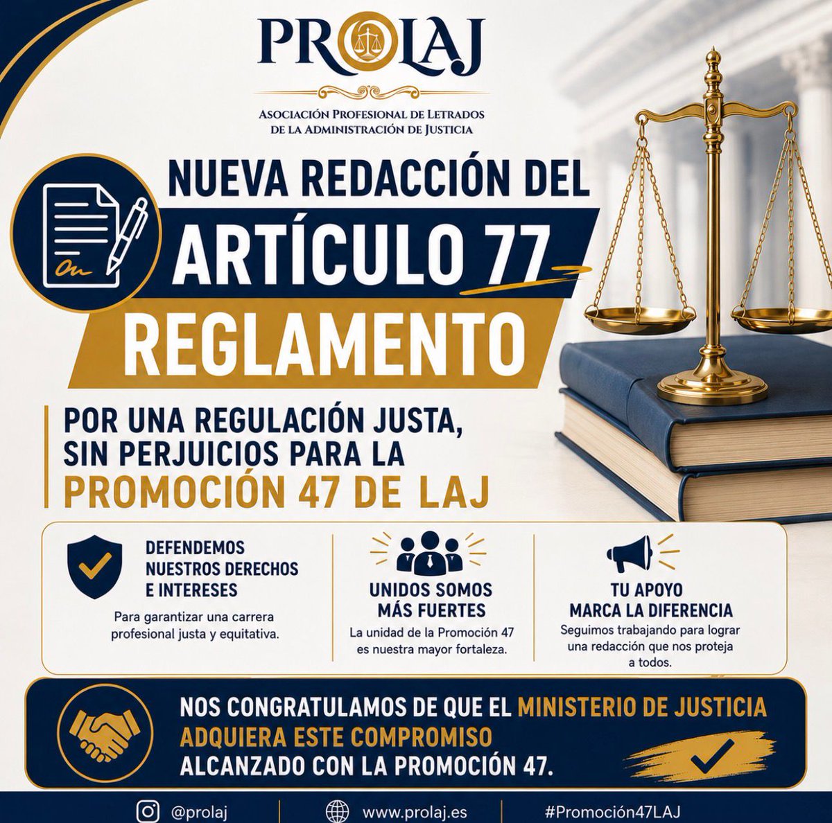 PROLAJ_'s tweet photo. Noticias en relación con el Ministerio de Justicia
- El Ministerio se compromete a una nueva redacción del artículo 77 del Reglamento Orgánico.
- PROLAJ emite un informe favorable en relación con la jornada laboral. https://t.co/tcMFeNFWu9