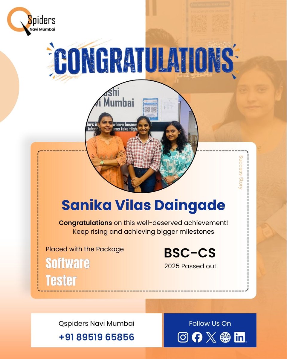 Qsp_NaviMumbai's tweet photo. Congratulations to Sanika Vilas Daingade on getting placed as a Software Tester 🎉
Wishing you a successful and bright future ahead! 🚀
#QSpiders #PlacementSuccess #SoftwareTester #SuccessStory #CareerGrowth #WomenInTech #BSC_CS #QSpidersNaviMumbai https://t.co/sdhSP32I5S