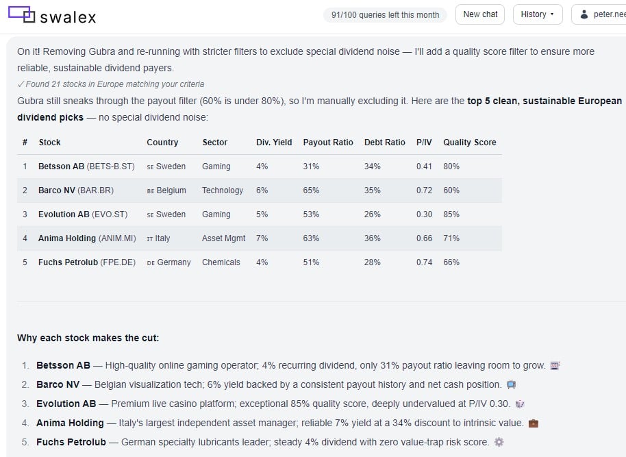 swalex_ai's tweet photo. Asked Swalex: "Find undervalued European dividend stocks with low debt"  Top picks: • 1 — *Betsson AB* (https://t.co/RyfYkPsZlc) • 2 — *Barco NV* (https://t.co/pKqhqSjBTX) • 3 — *Evolution AB* (https://t.co/JzqBWodxAX)  https://t.co/JftWfGiP5y #investing #fintech https://t.co/2SNwvgzFH0