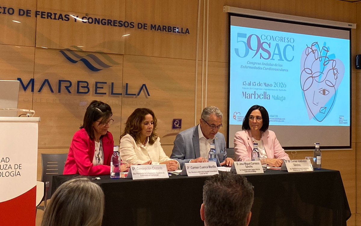 SACardiologia's tweet photo. Sesión de Inauguración de Cuidados Cardiovasculares en el #59CongresoSAC

Concepción Cruzado, Carmen Cuenca Morillo, José Miguel Carrasco y M. Carmen Valdivieso, referentes de la enfermería cardiológica andaluza y nacional, abren el programa de enfermería en Marbella.

#SAC26 https://t.co/Imi1ZnLiyC
