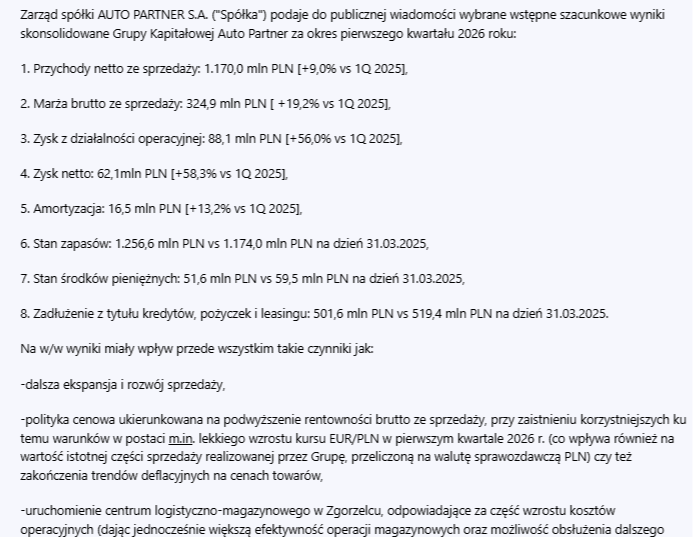 KamilZamojc's tweet photo. #Autopartner bardzo mocne szacunki 1Q'26, sporo powyżej prognoz biur maklerskich. Ciekawe, bo Zgorzelec ma mieć większy wpływ dopiero w 2H'26. 🧐 https://t.co/CD7TgsPOg2