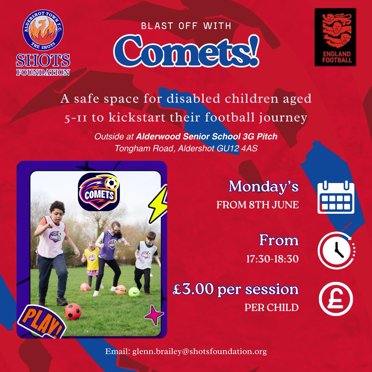 ShotsFoundation's tweet photo. We're pleased to announce that this June we will be launching a brand new disability programme, FA Comets!🔴🔵

If you're interested in getting involved, you can find more information, and sign up here https://t.co/3puVVY5Q2u. https://t.co/ZypknOSYQ2