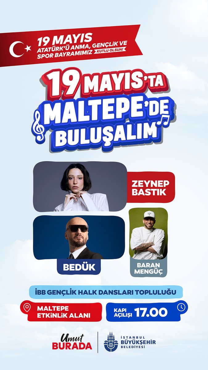 istyonetim's tweet photo. 19 Mayıs’ta gençliğin enerjisiyle bir araya geliyoruz!

19 Mayıs Atatürk’ü Anma, Gençlik ve Spor Bayramı’nda Maltepe’de buluşuyoruz.
⏰ 14.00
📍 Maltepe Kenan Onuk Atletizm Pisti

⏰ 17.00
📍 Maltepe Etkinlik Alanı
Gün boyu sürecek etkinliklere tüm İstanbulluları bekliyoruz! 🇹🇷✨ https://t.co/BaZOK5aL3n