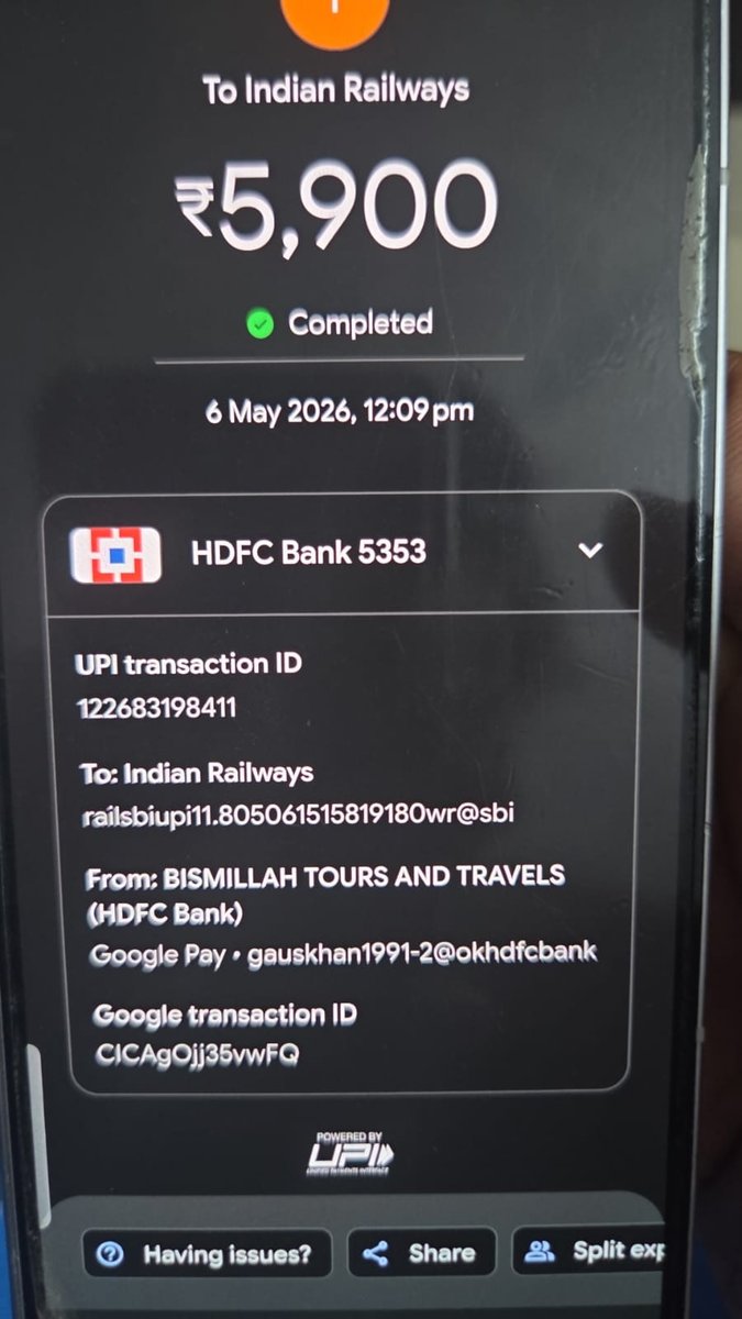 zackkhan810's tweet photo. @IRCTCofficial @RailMinIndia

₹5900 payment was successfully made through Railway QR for PNR 8748121723 (Train 11301, CSMT to SBC), but due to transaction timeout issue refund is still pending since 06 May 2026.

UPI Ref: 122683198411 Station: Mahim Junction, Mumbai https://t.co/1dYx23su4m