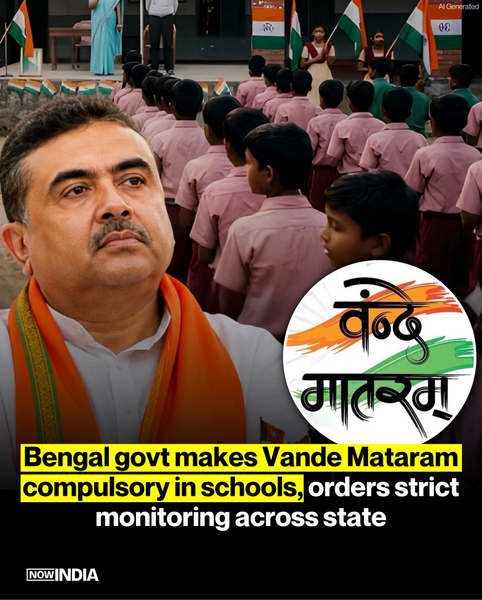 thenowindia's tweet photo. Bengal govt makes Vande Mataram compulsory in schools, orders strict monitoring across state

#NowIndia #WestBengal #VandeMataram #SchoolDirective #Education https://t.co/kure3DMg1D