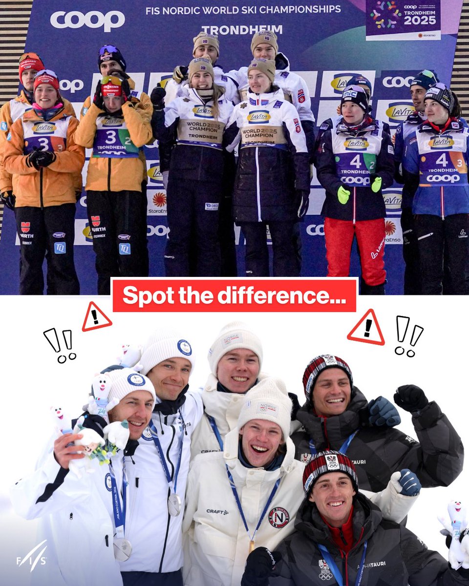 fisnoco's tweet photo. Who’s missing in the picture below?🤔🙅‍♀️

Above, Mixed Team event at the World Championships 2025👫 Below, Team Sprint at the Winter Olympics 2026 - and someone is missing👸

Mixed Team wasn’t possible unfortunately…

#fisnoco #nordiccombined #olympics #noexception #equality https://t.co/IlB5BPBN7k