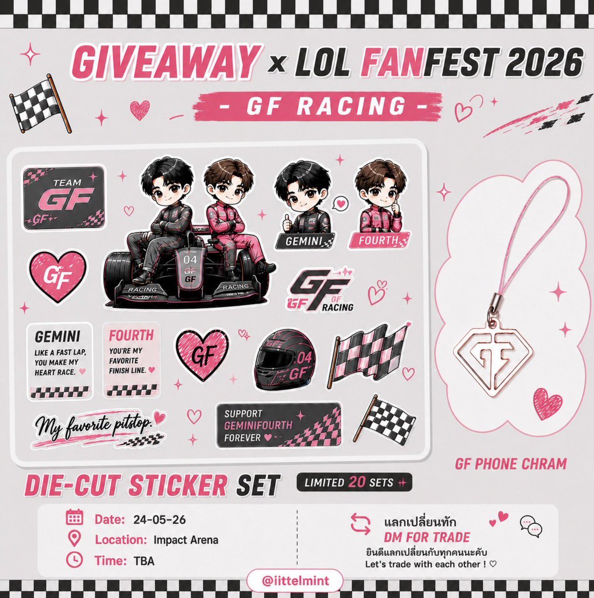 iittlelmint's tweet photo. มาแล้วจ้าาาา 💌

🏁🩷GIVEAWAY🩷🏁

 #LOLFANFEST2026

RT &amp; Like to join 🏁
GF Sticker Set + Phone Charm ✨

(#Gemini_NT #fourth #fourthnattawat #Geminifouth) https://t.co/O56jDE09QT