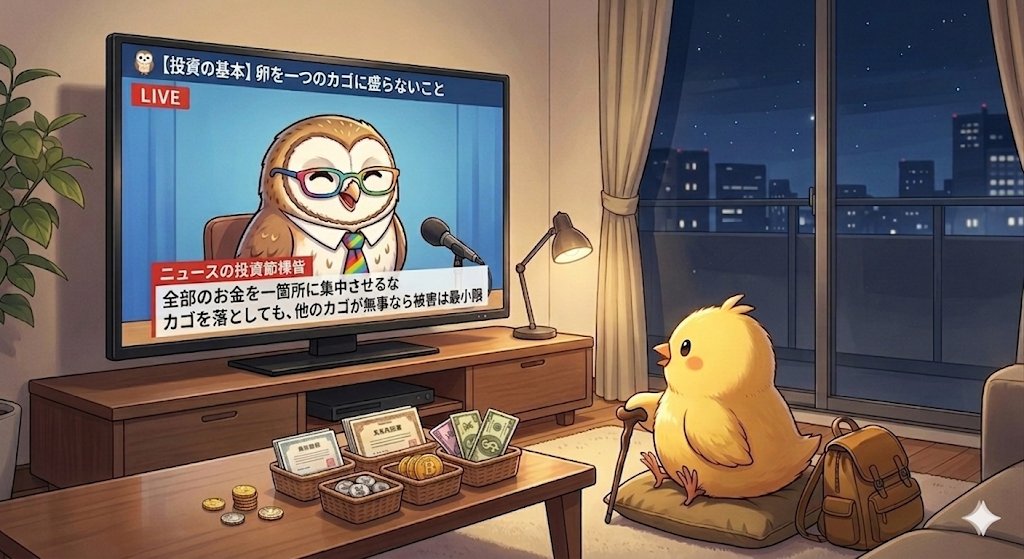 toshicouple's tweet photo. 🦉「投資の基本は、卵を一つのカゴに盛らないこと」

「全部のお金を一箇所に集中させるな」って意味らしい

カゴを落としても他のカゴが無事なら被害は最小限で済む。
リスク分散、大事！ https://t.co/ALvLMWxvz5
