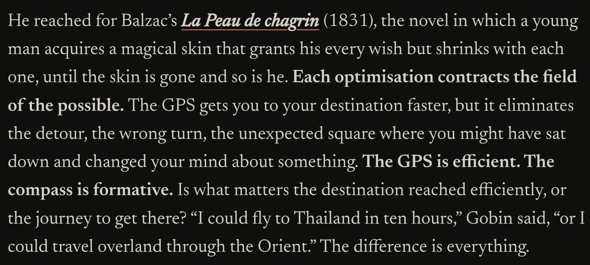 k7vin's tweet photo. currently reading something written by my friend @WillyBraun that is taking me off-guard; literally pausing every other sentence to think.

"Each optimisation contracts the field of the possible. [...] The GPS is efficient. The compass is formative."

what a read!! https://t.co/uCSM9aHmm2